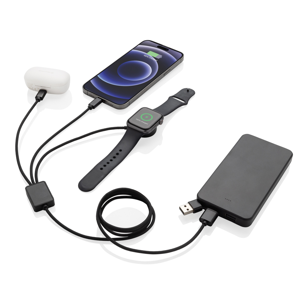 RCS-zertifiziertes 6-in-1 rPET-Ladekabel mit Uhrenlader grau RCS-zertifiziertes 6-in-1 rPET-Ladekabel mit Uhrenlader grau