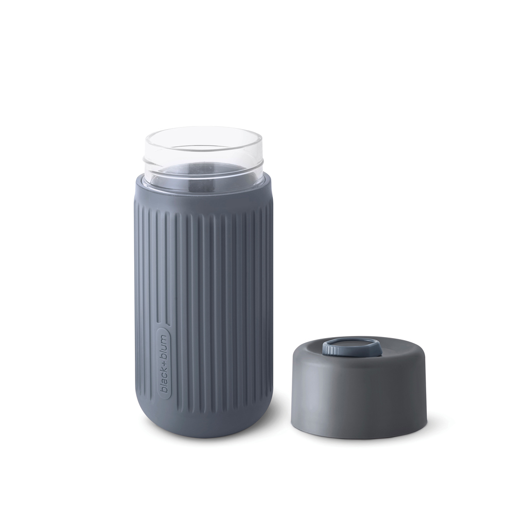 Black+Blum Glas-Reisebecher 340 ml mit Silikonhülle, bedruckbar