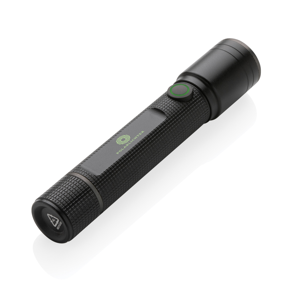 Gear X Taschenlampe P513.90 aus RCS-recyceltem Aluminium, USB-Akku, mit Logo bedruckbar Gear X Taschenlampe P513.90 aus RCS-recyceltem Aluminium, USB-Akku, mit Logo bedruckbar