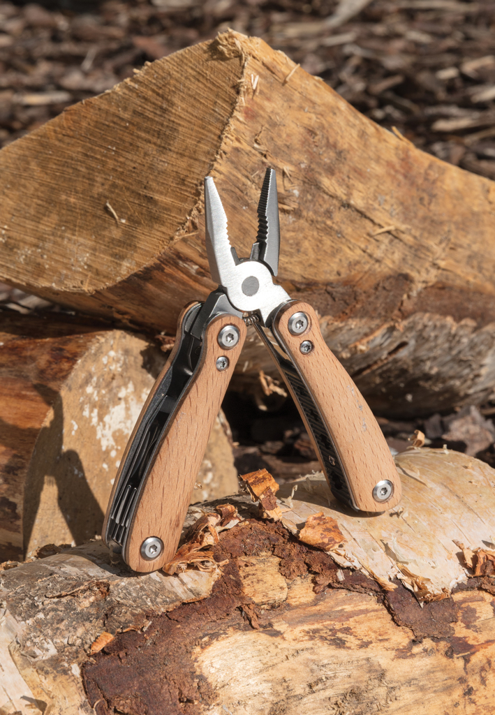 XD Collection Holz Mini-Multitool – 12-in-1 mit Buchengriff, veredelbar mit Lasergravur oder Tampondruck