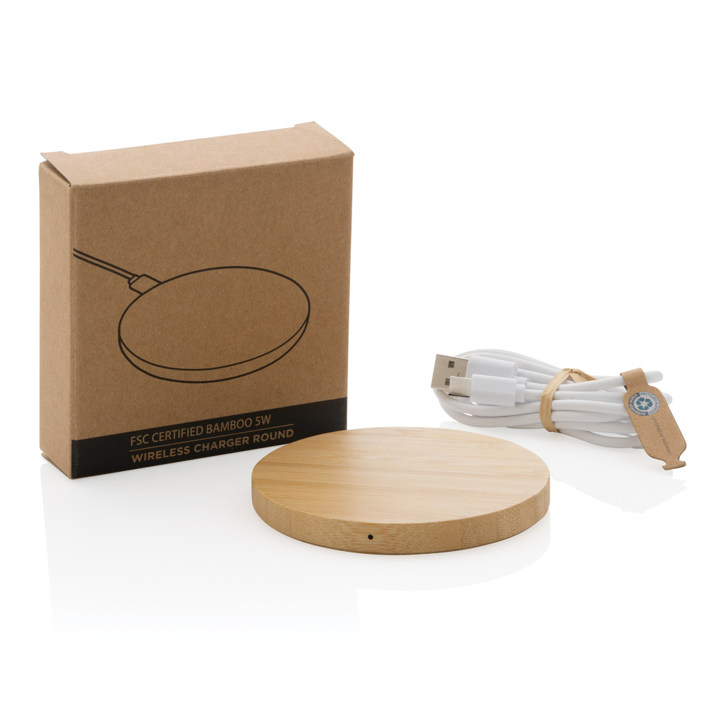 XD Collection Wireless Charger Bambus FSC 5W, rund - mit Logo bedruckbar