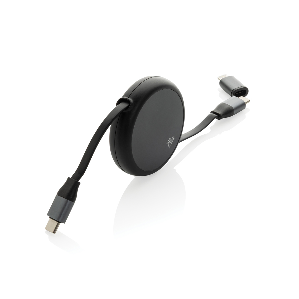Terra 240W 2-in-1 Ladekabel ausziehbar aus RCS-recyceltem Aluminium mit Logo bedrucken