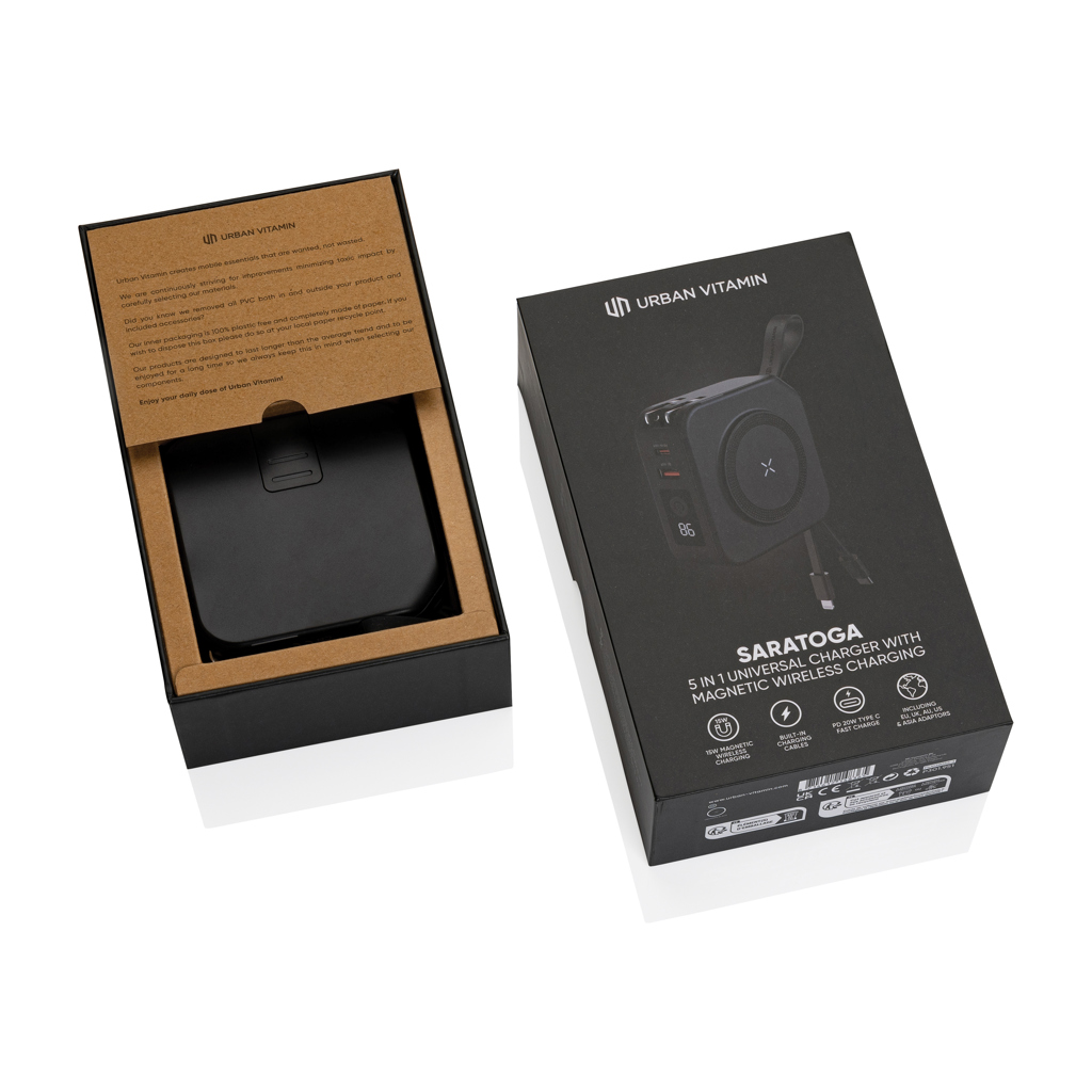 Urban Vitamin Saratoga 5-in-1 Powerbank 10.000 mAh mit Reise-Adaptern – bedruckbar