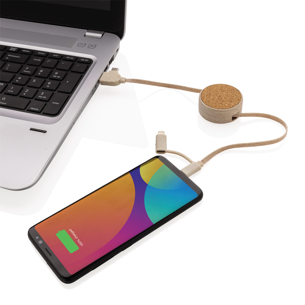 PVC-frei Multi-Ladekabel aus Kork & Weizenstroh, khaki