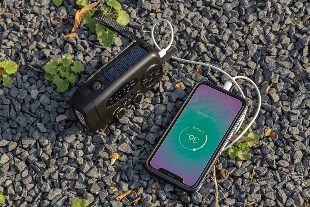 XD Collection RescueWave Notfallradio mit Solar, Handkurbel und Powerbank — ABS recycelt, bedruckbar