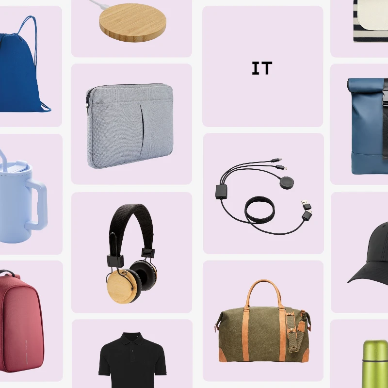 Werbeartikel für IT-Unternehmen: Kopfhörer, Laptoptasche, Ladekabel, kabelloses Ladepad und Rucksack