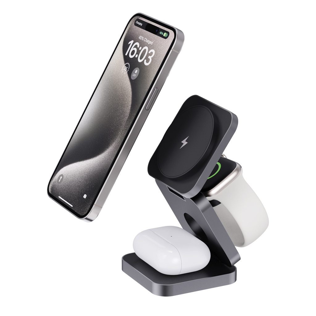 Terra faltbares 3-in-1 Wireless Charger 15W aus recyceltem RCS-Aluminium und RCS-ABS Terra faltbares 3-in-1 Wireless Charger 15W aus recyceltem RCS-Aluminium und RCS-ABS