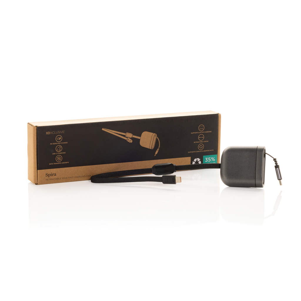 XD Xclusive Spira einziehbares USB-C-Ladekabel 100 W mit Logodruck