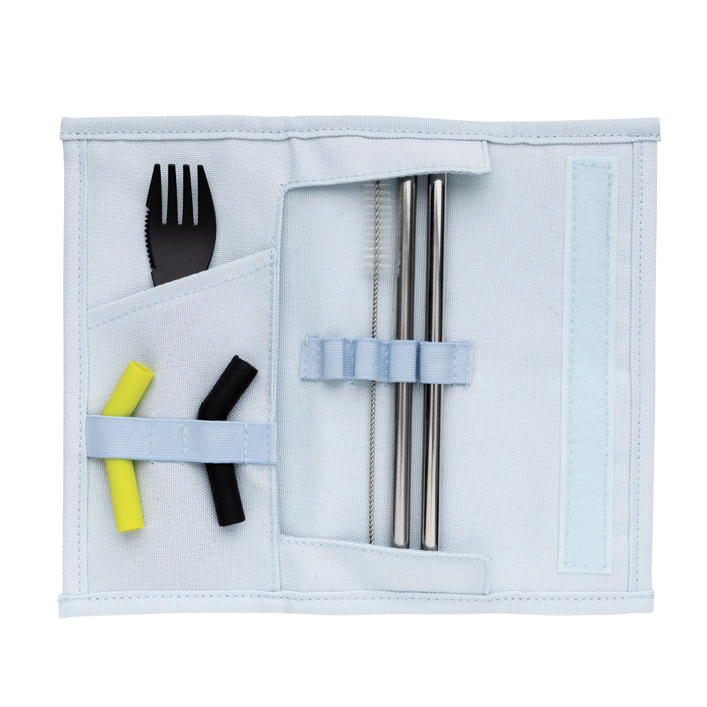Tierra 2-teiliges Trinkhalm- und Besteckset Edelstahl mit Logo bedrucken