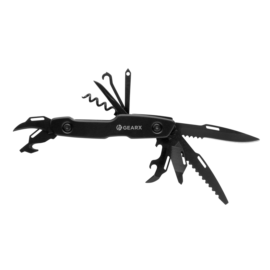 Gear X Multifunktions-Messer mit 13 Funktionen, Edelstahl, schwarz – gravierbar