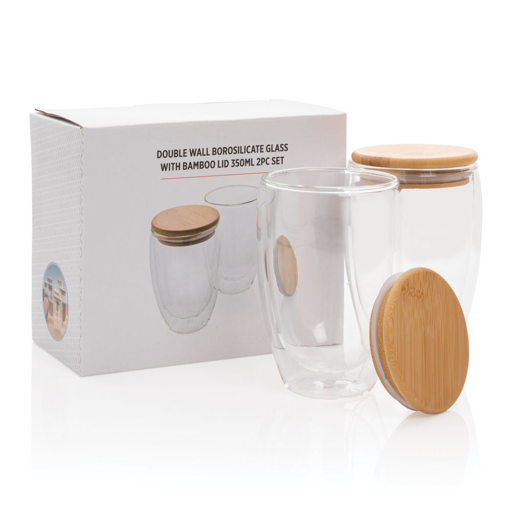 XD Collection Borosilikatglas-Set 350 ml mit Bambusdeckel, bedruckbar