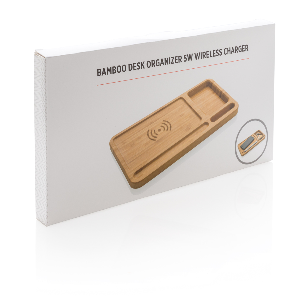 Bambus Schreibtisch-Organizer mit QI 5W Ladefläche – braun