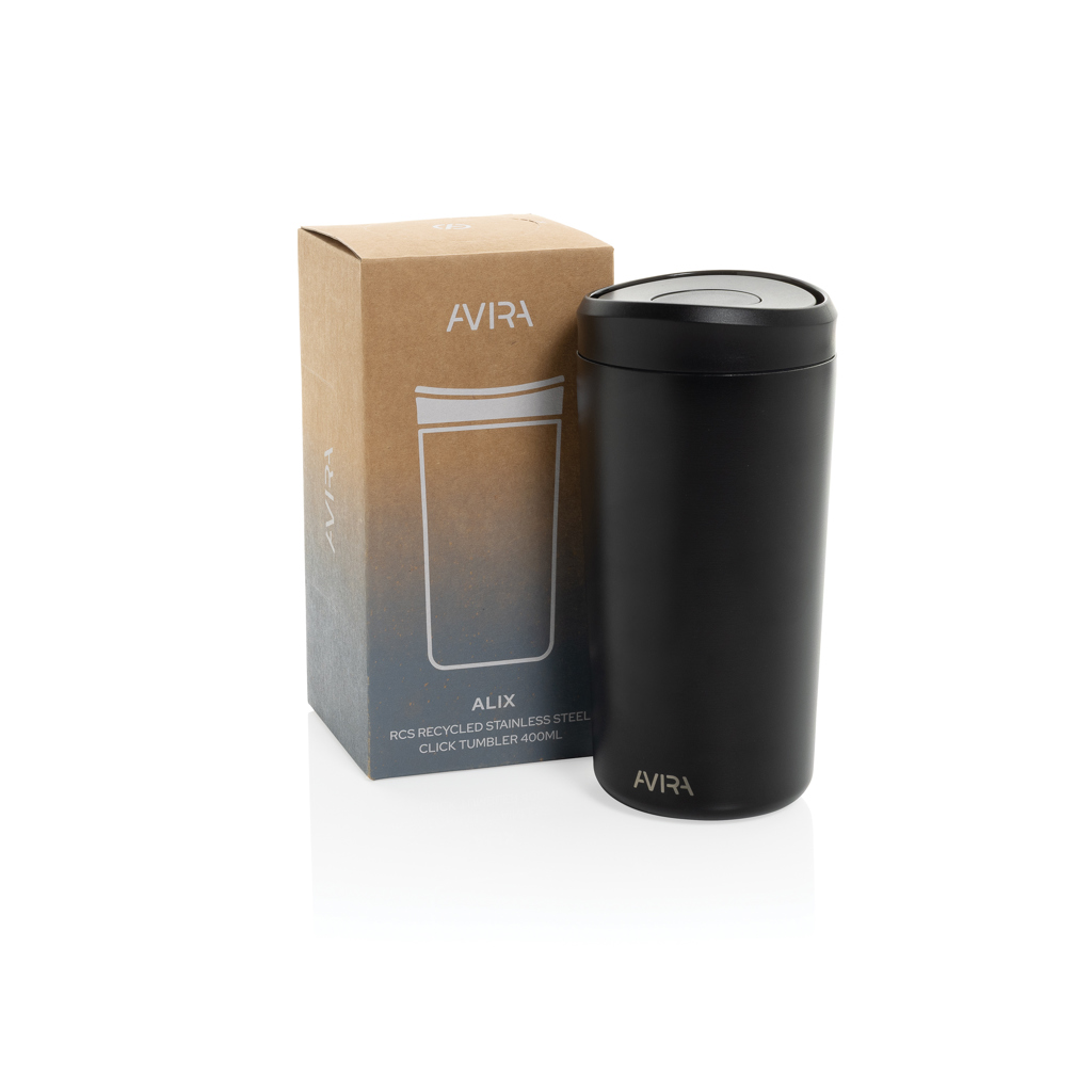 Avira Alix Klickbecher 400 ml — RCS-Recycling-Stahl mit One-Click-Deckel