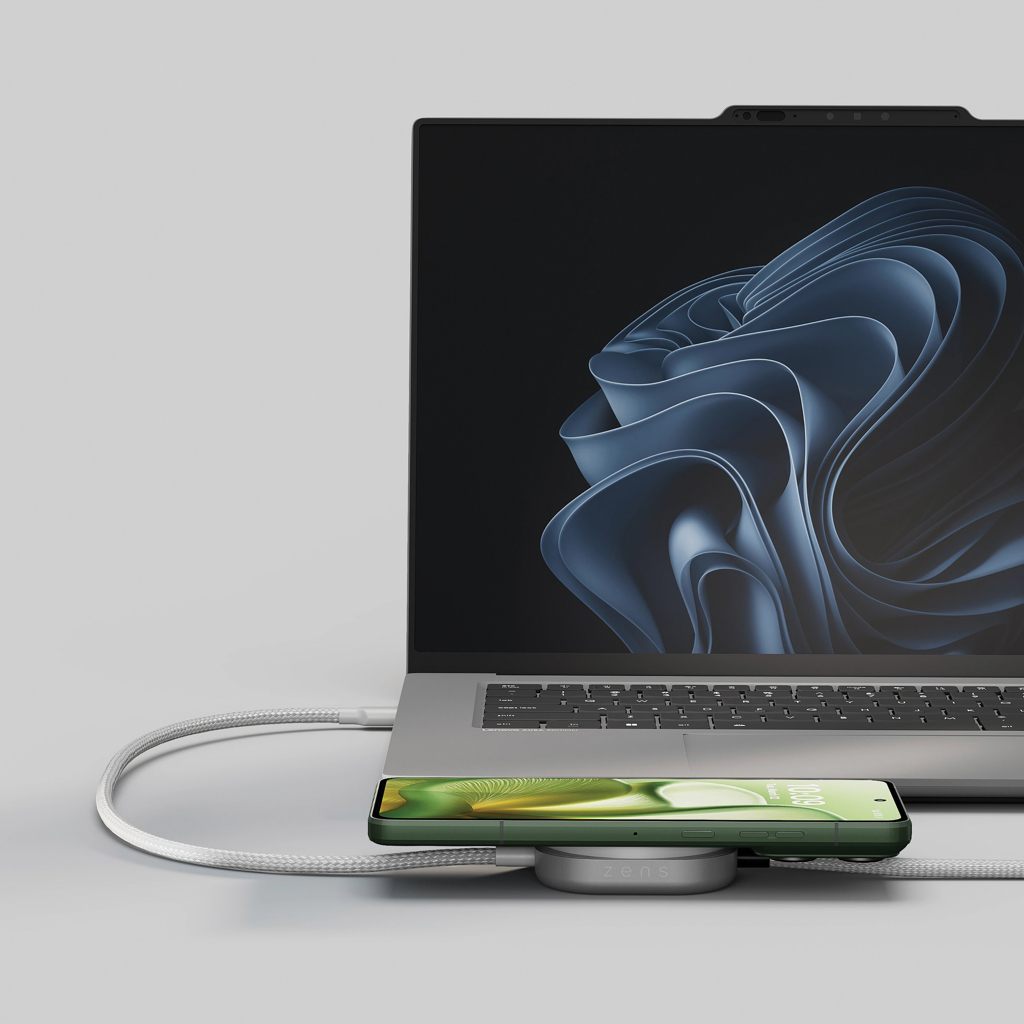 Zens Ladekabel USB C-C Pro 2 – 2-in-1 mit Qi2 15 W kabellos, Aluminium, mit Logo