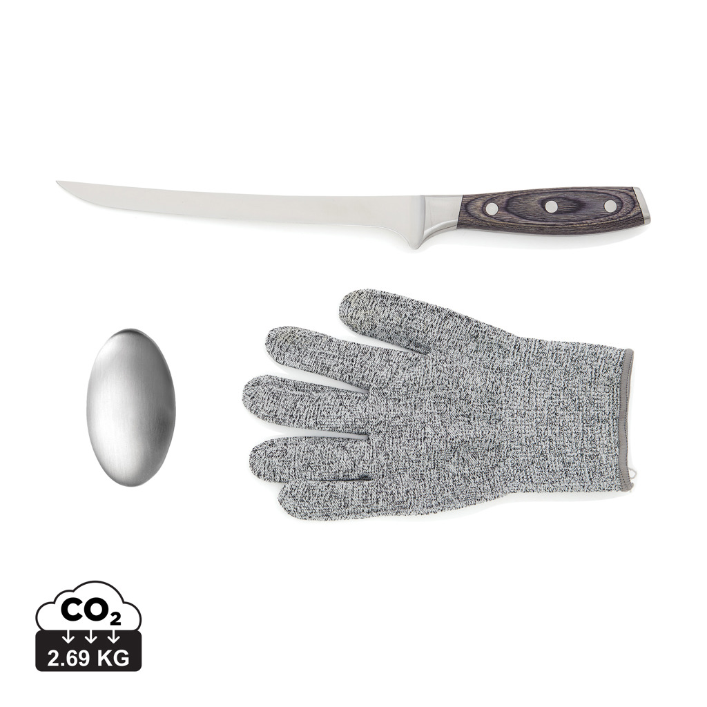 VINGA Kaiser Filetierset mit Filetiermesser, Kettenhandschuh und Metallseife – mit Logo-Gravur veredelbar VINGA Kaiser Filetierset mit Filetiermesser, Kettenhandschuh und Metallseife – mit Logo-Gravur veredelbar