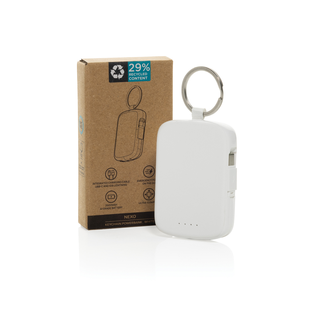XD Collection Nexo Schlüsselanhänger-Powerbank 2.000 mAh mit Lightning- und USB-C-Kabel – bedruckbar