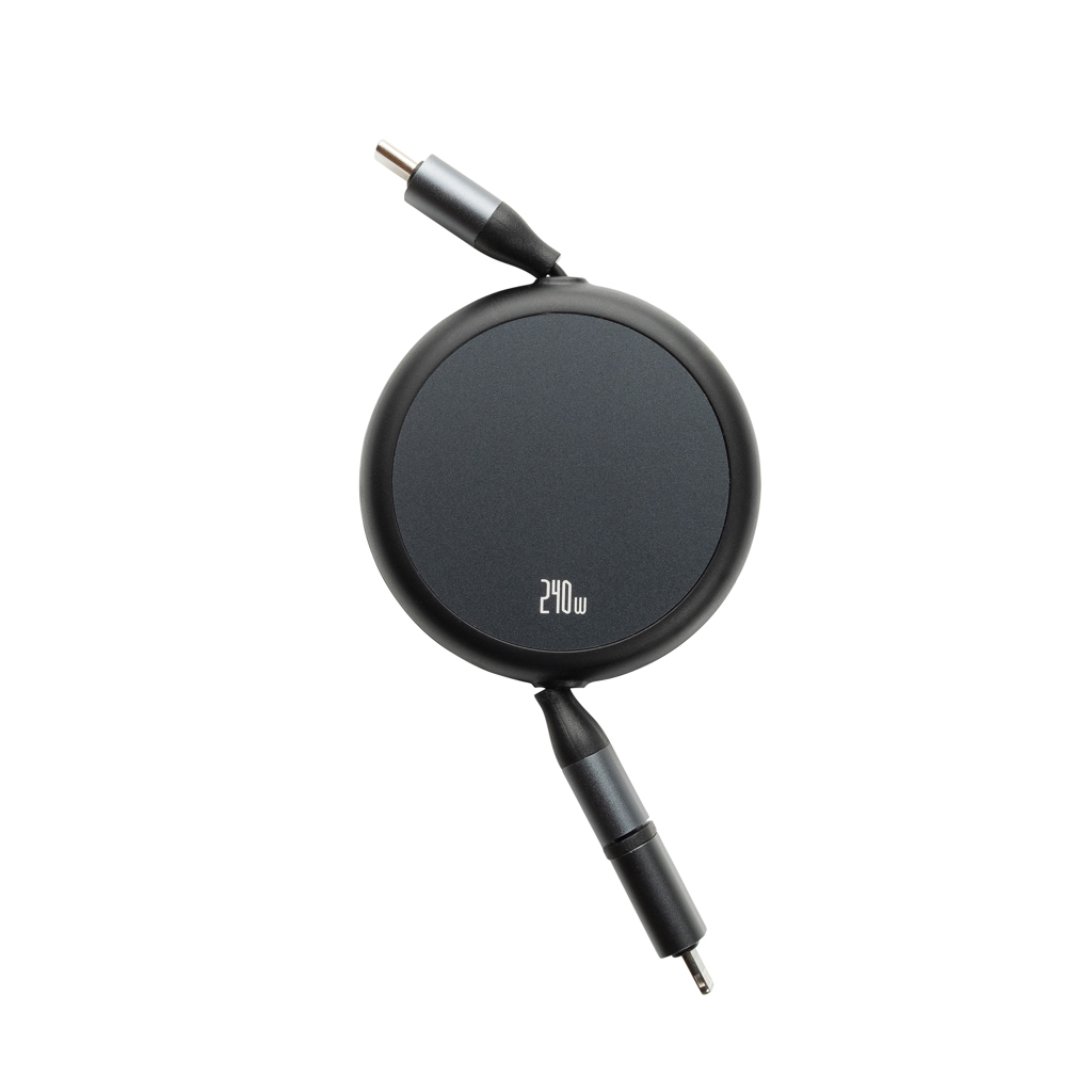 Terra 240W 2-in-1 Ladekabel ausziehbar aus RCS-recyceltem Aluminium mit Logo bedrucken