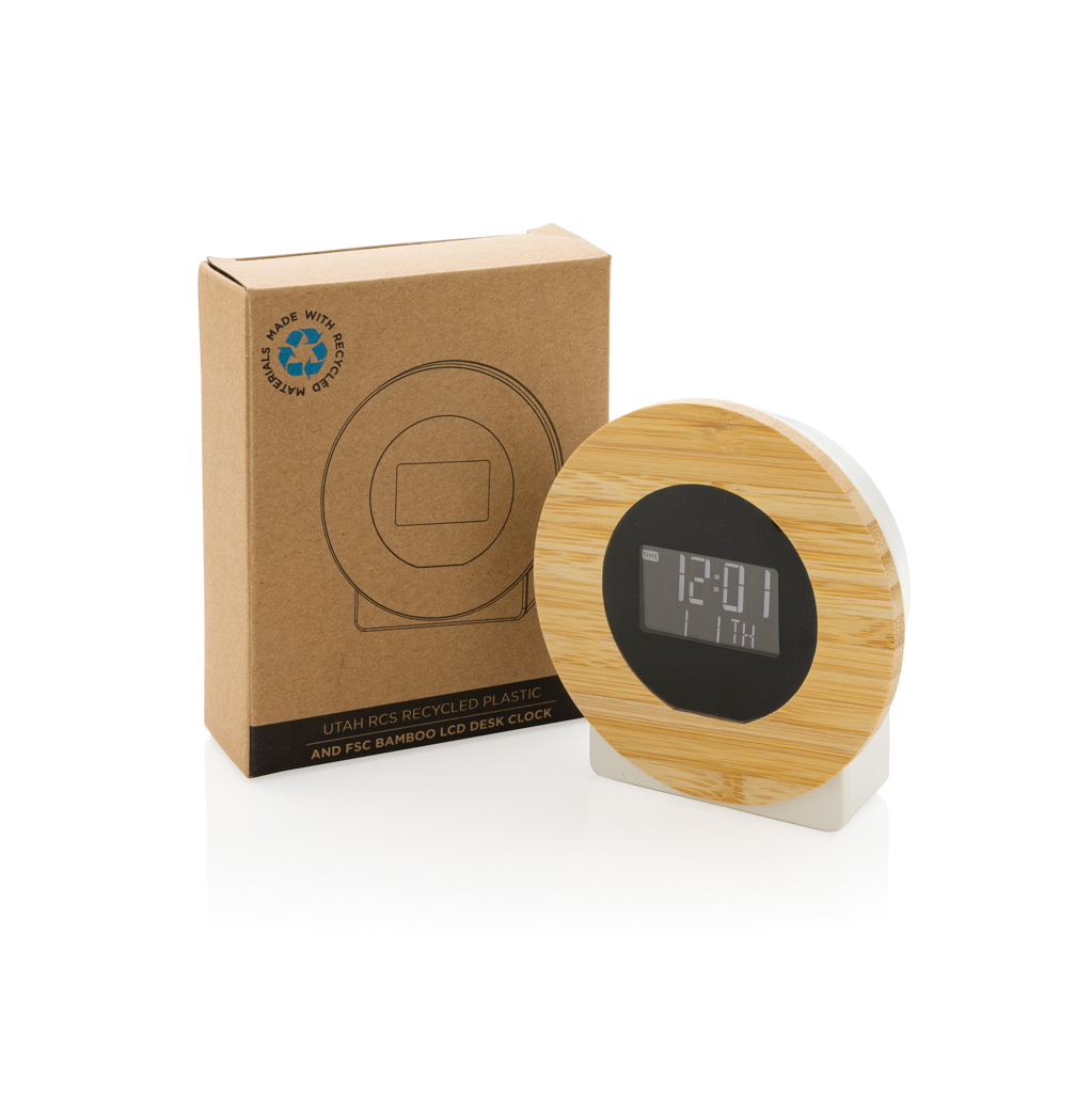 Utah Tischuhr RCS-Bambus Mix – Elegantes Werbegeschenk mit Logo