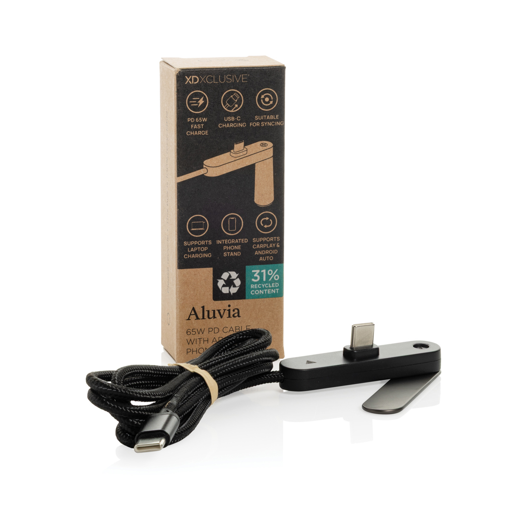 XD Xclusive Aluvia 65W USB-C-Ladekabel mit Handyhalter – mit Logo gravierbar