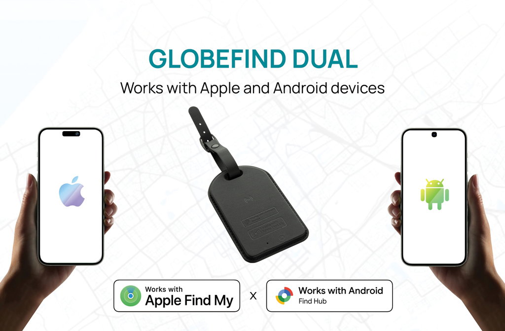 Globefind Dual RCS Gepäckanhänger mit Apple Find My & Android Find Hub Globefind Dual RCS Gepäckanhänger mit Apple Find My & Android Find Hub