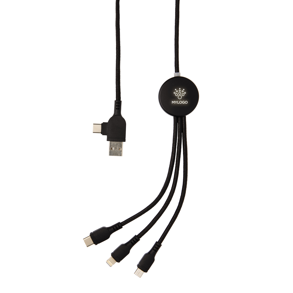 PVC-frei 6‑in‑1 Multiladekabel Type‑C/USB, Logo‑LED schwarz