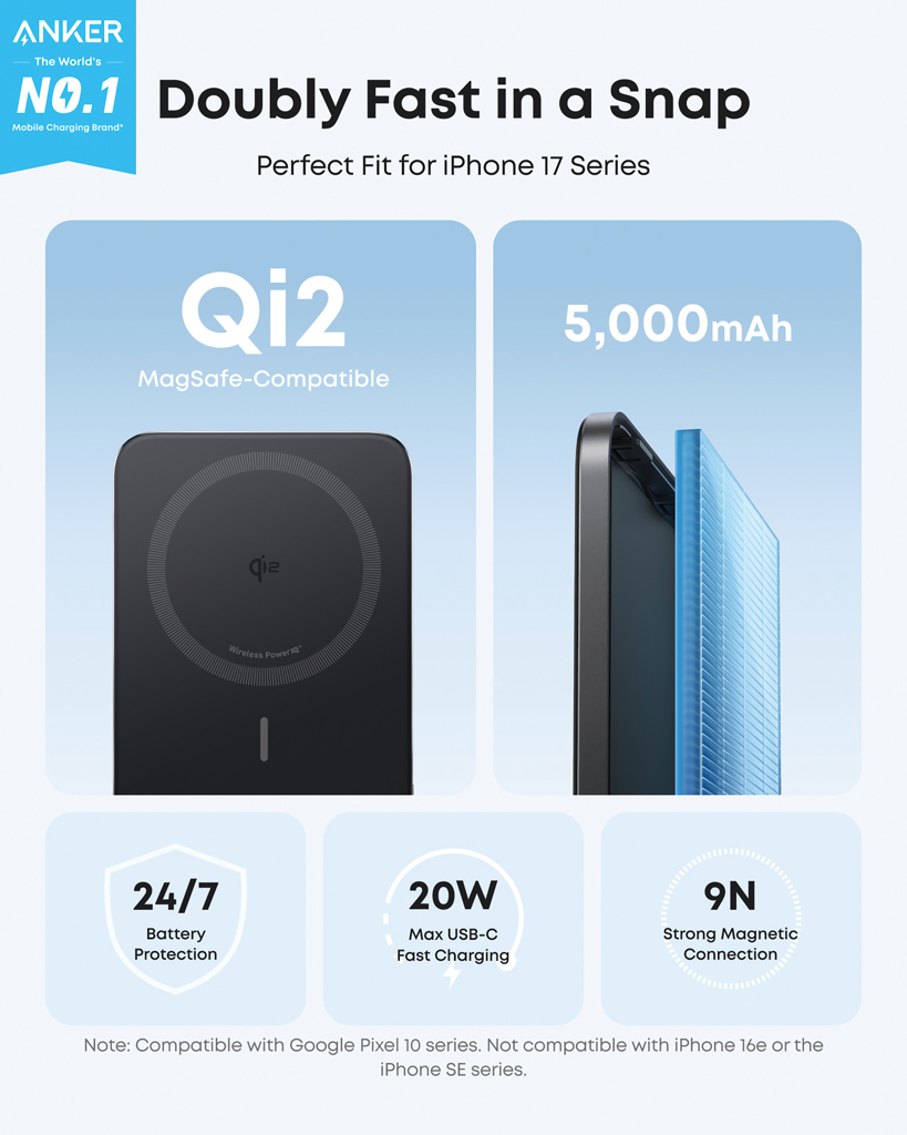 Anker Nano Wireless Powerbank 5.000 mAh, magnetisch Qi2 15 W, bedruckbar mit Logo