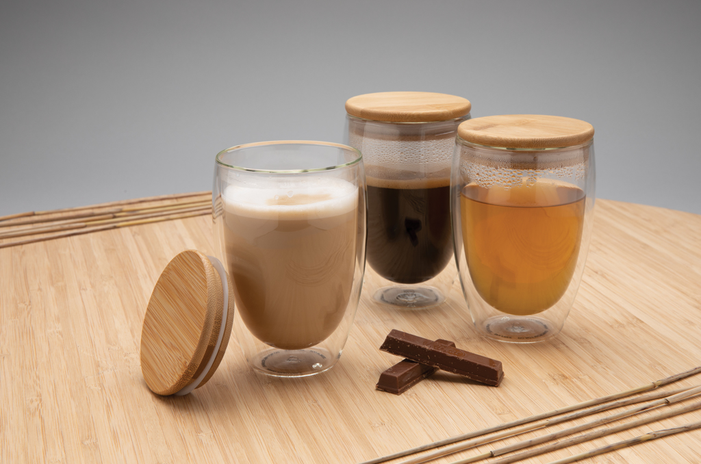XD Collection Borosilikatglas-Set 350 ml mit Bambusdeckel, bedruckbar