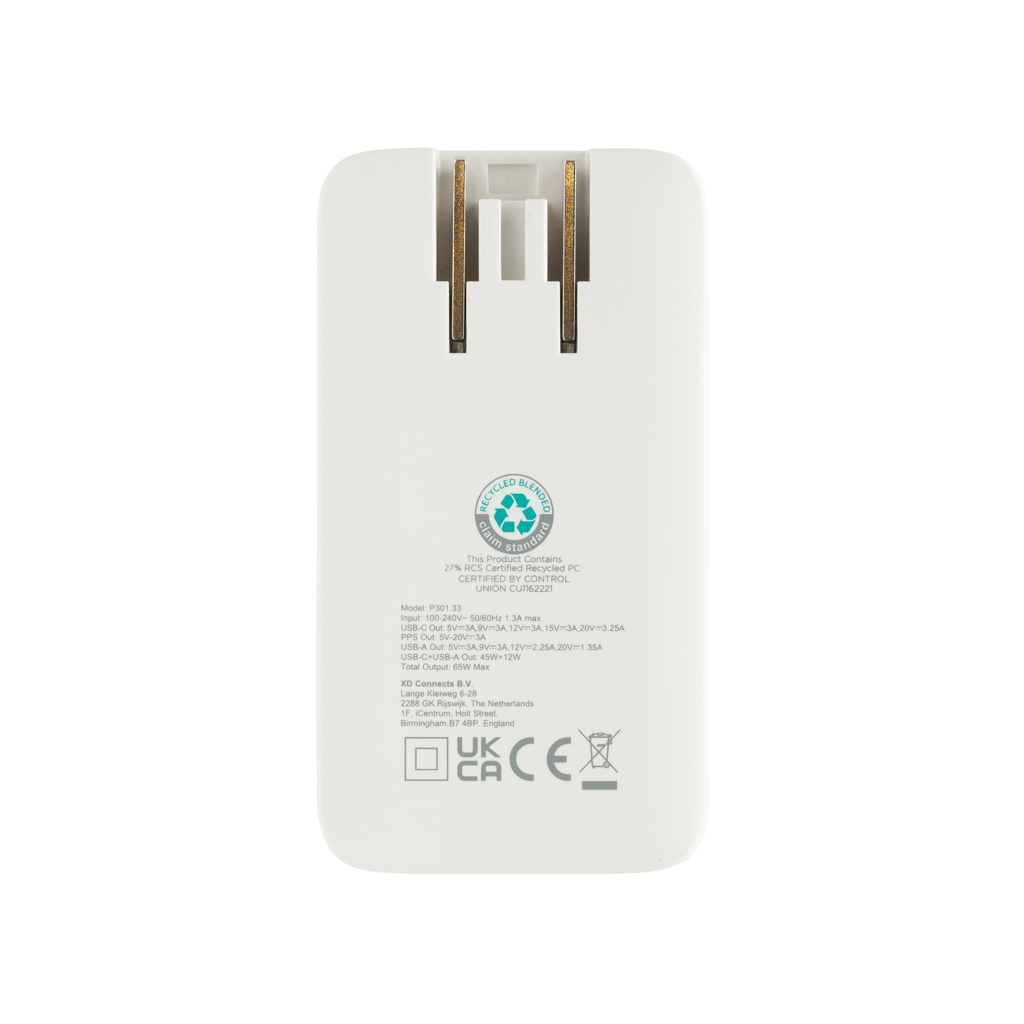 XD Collection Fluxo flaches 65W GaN-Ladegerät mit Stecker-Adaptern, bedruckbar