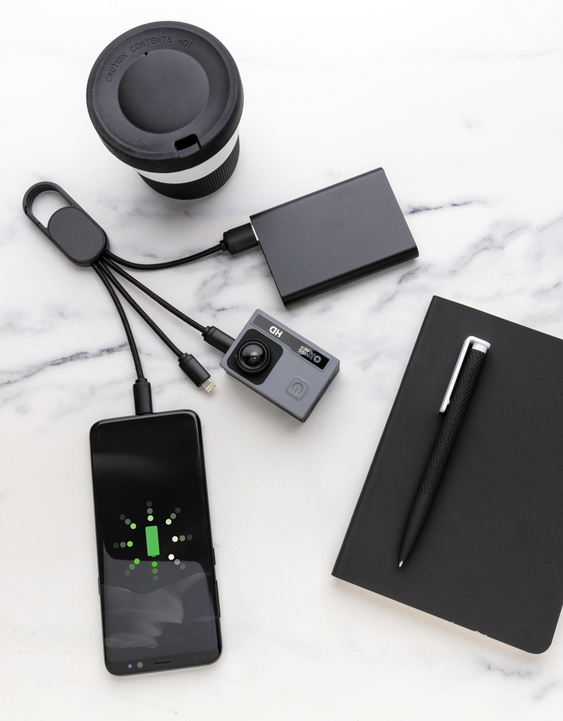 4-in-1 Ladekabel mit Karabiner-Clip — XD Collection (Werbeartikel mit Logo)