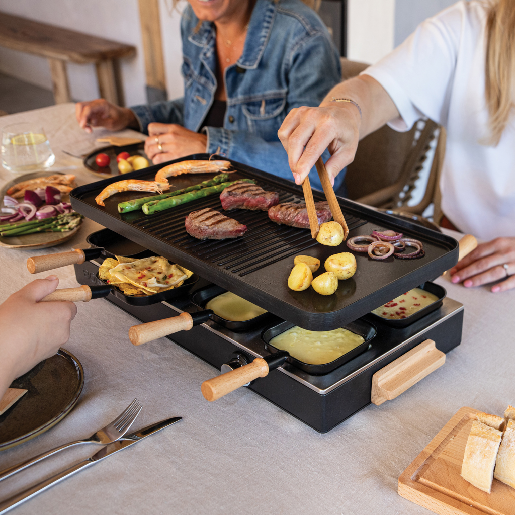 Boska Raclette Gourmet Party für 8 Personen – Edelstahl & Holz, mit Logo-Gravur
