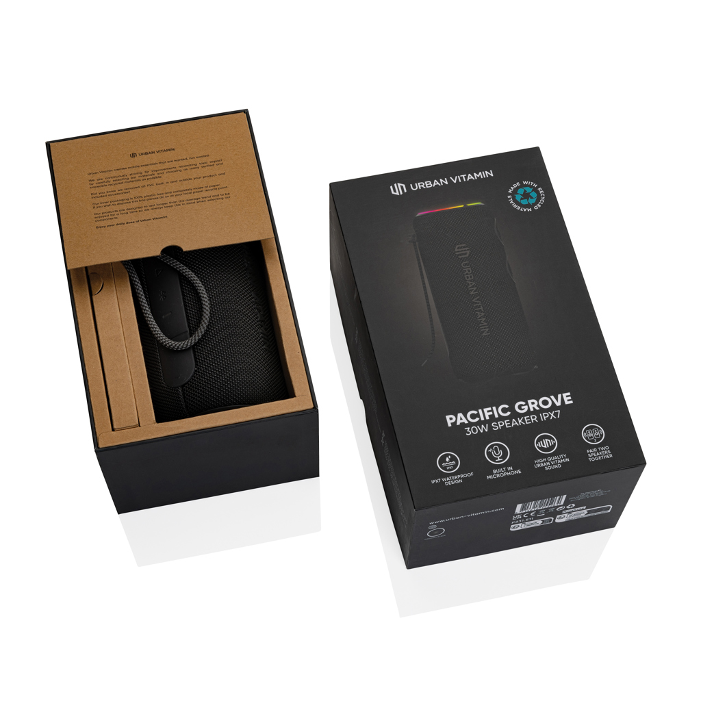 Urban Vitamin Pacific Grove 30W IPX7 Bluetooth-Speaker aus RCS-Recyclingmaterial mit Lasergravur