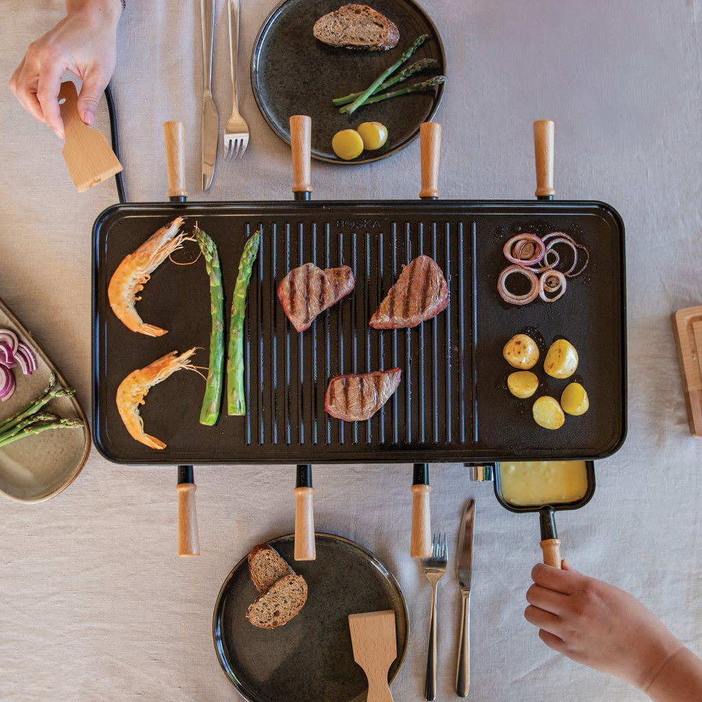 Boska Raclette Gourmet Party für 8 Personen – Edelstahl & Holz, mit Logo-Gravur