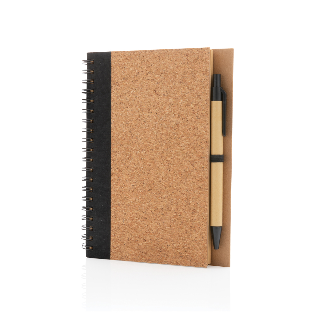 Recyclingpapier Kork-Spiral-Notizbuch mit Stift, schwarz