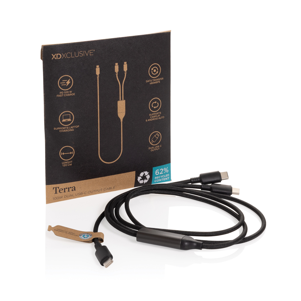 XD Xclusive Terra 100W-Ladekabel mit zwei USB-C-Ausgängen, bedruckbar mit Logo