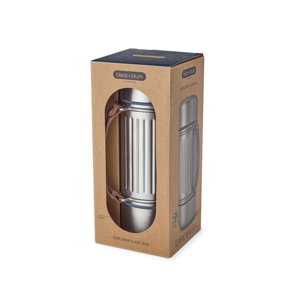 Black+Blum Explorer Flasche Duo 1L Edelstahl Vakuum mit 2 Bechern – mit Logo veredelbar