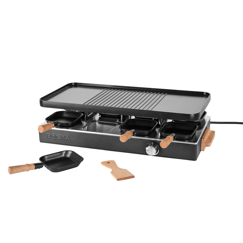 Boska Raclette Gourmet Party für 8 Personen – Edelstahl & Holz, mit Logo-Gravur