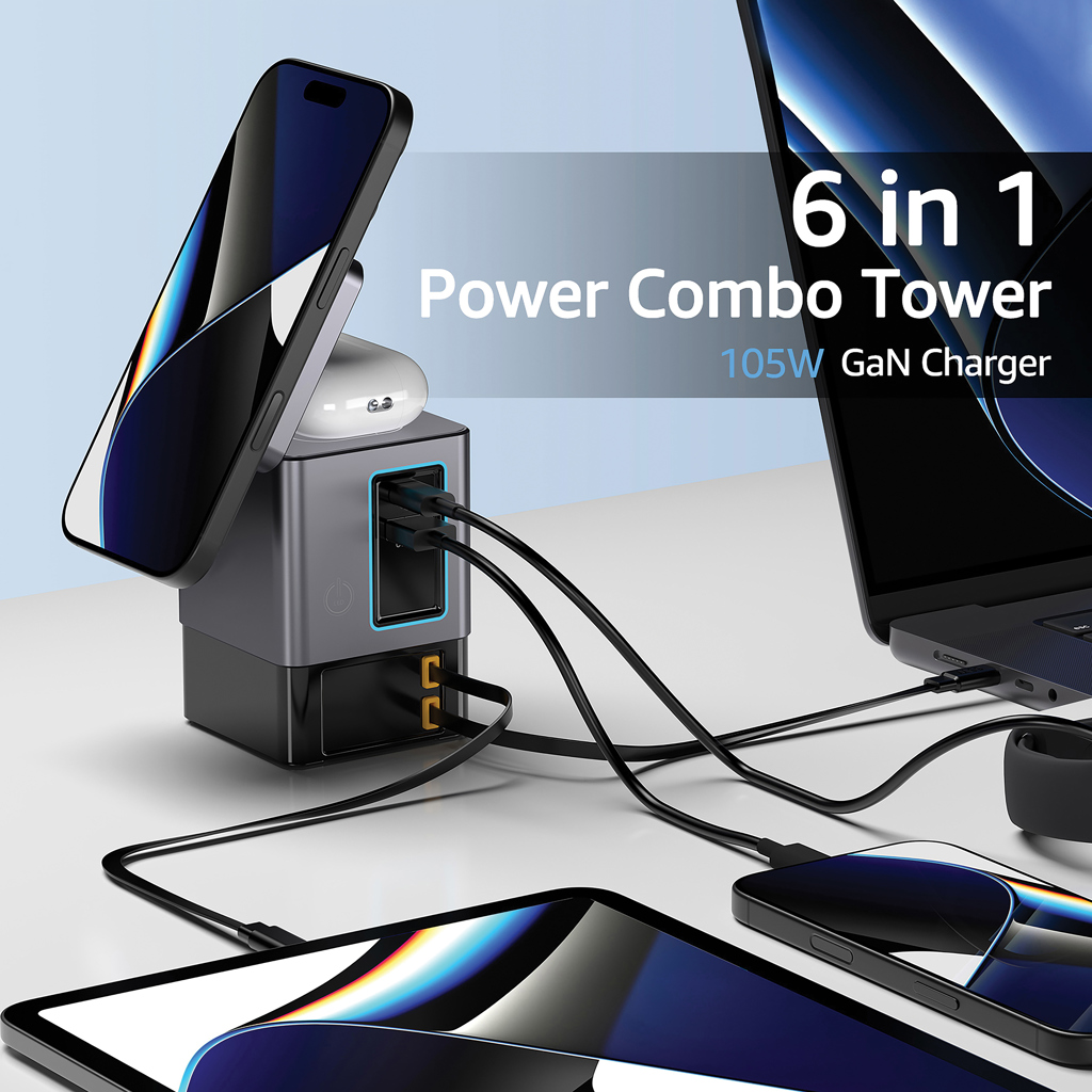 Urban Vitamin Sacramento 105W GaN-Charger mit einziehbaren USB-C-Kabeln & Wireless-Charging