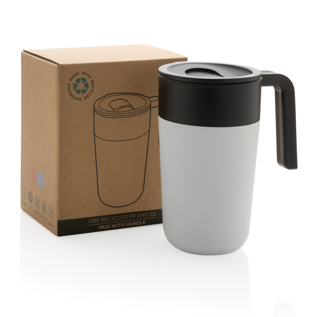 XD Collection GRS recycelter PP-Becher mit Griff 480 ml, Edelstahl, BPA-frei