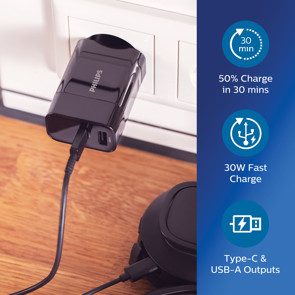 Philips 30W USB‑C PD + USB-A Schnellladegerät – schwarz