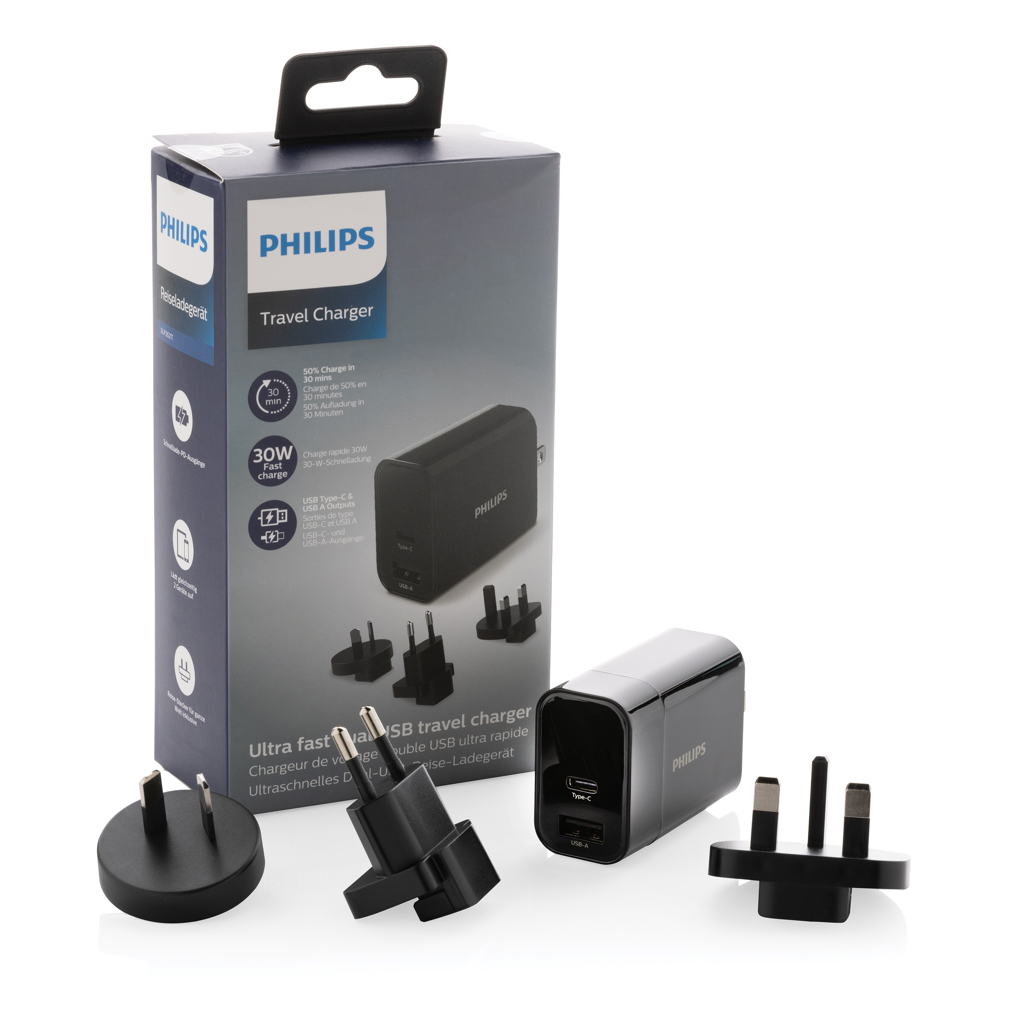 Philips USB-C PD 30W Reiseladegerät, 4 Stecker – schwarz Philips USB-C PD 30W Reiseladegerät, 4 Stecker – schwarz