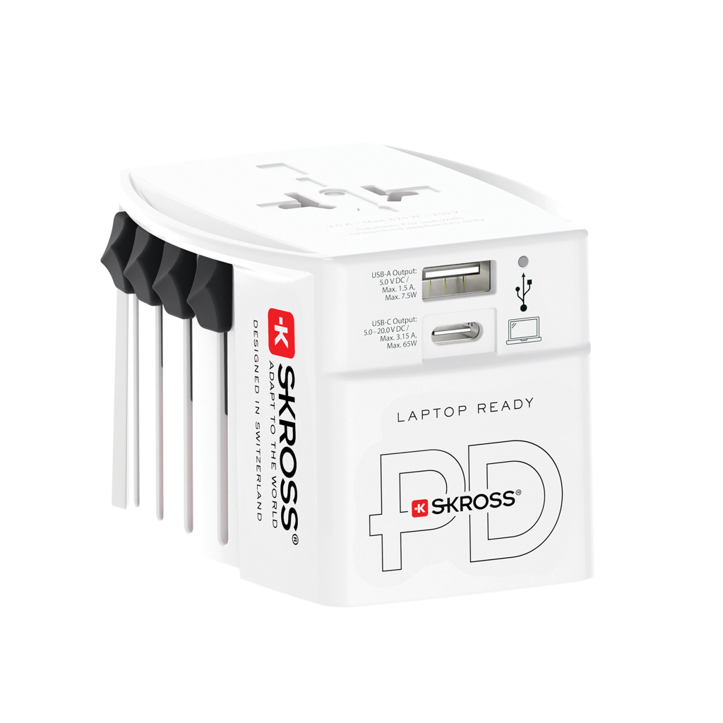 SKROSS 65W Reiseadapter USB‑C PD + USB, Kabel, weiß SKROSS 65W Reiseadapter USB‑C PD + USB, Kabel, weiß