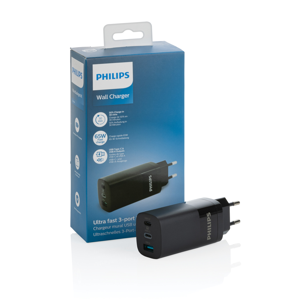 Philips GaN 65W PD 3-Port USB-C Wandladegerät Schwarz
