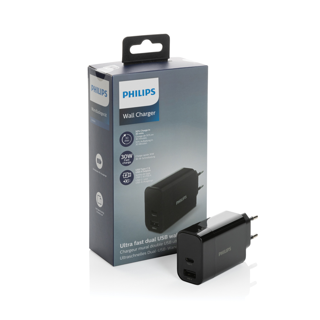 Philips 30W USB‑C PD + USB-A Schnellladegerät – schwarz Philips 30W USB‑C PD + USB-A Schnellladegerät – schwarz