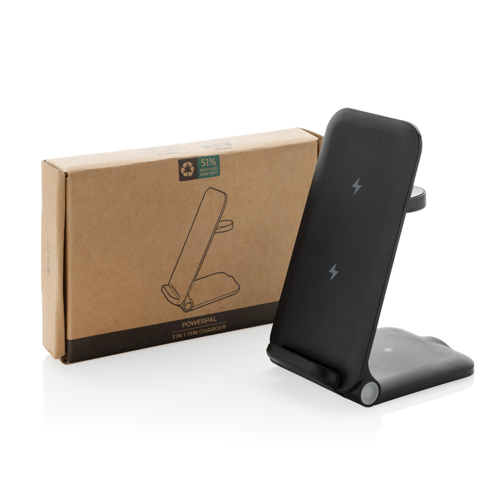 Powerpal 3-in-1 Wireless Charger 15 W aus RCS-recyceltem ABS, individualisierbar