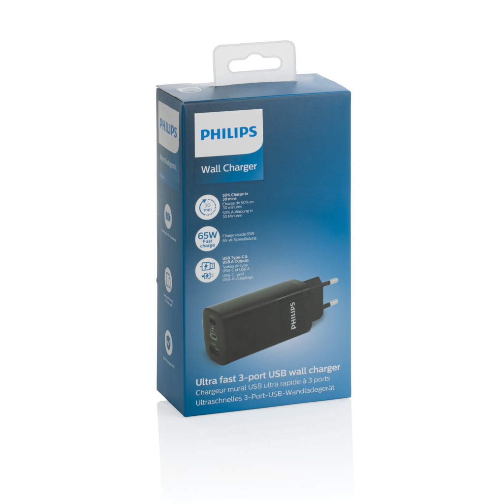 Philips GaN 65W PD 3-Port USB-C Wandladegerät Schwarz Philips GaN 65W PD 3-Port USB-C Wandladegerät Schwarz