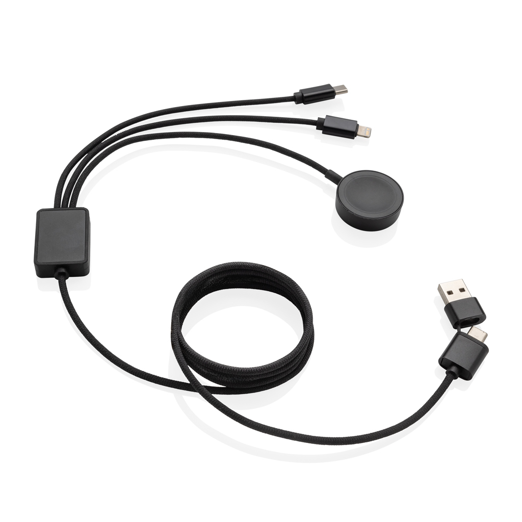 RCS-zertifiziertes 6-in-1 rPET-Ladekabel mit Uhrenlader grau RCS-zertifiziertes 6-in-1 rPET-Ladekabel mit Uhrenlader grau