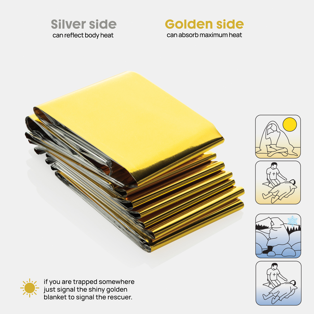 Solra Rettungsdecke aus PET-Mylar mit RCS-rPET-Tasche, bedruckbar
