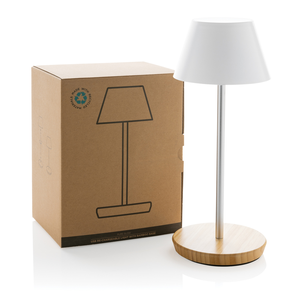 Pure Glow USB-Tischleuchte aus 40% recyceltem ABS und FSC-Bambus, dimmbar