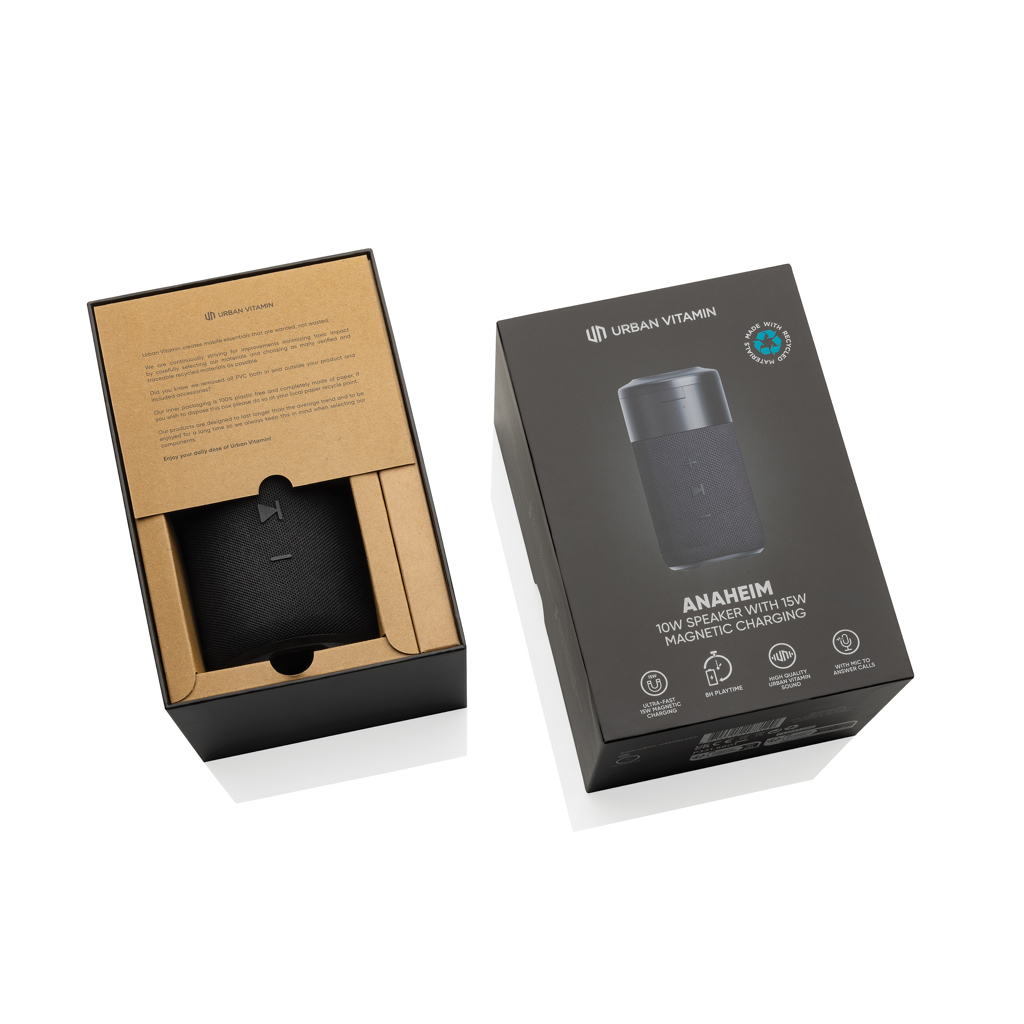 Urban Vitamin Anaheim 10W Bluetooth-Lautsprecher mit 15W-Wireless-Charger, recyceltes ABS/RPET Urban Vitamin Anaheim 10W Bluetooth-Lautsprecher mit 15W-Wireless-Charger, recyceltes ABS/RPET