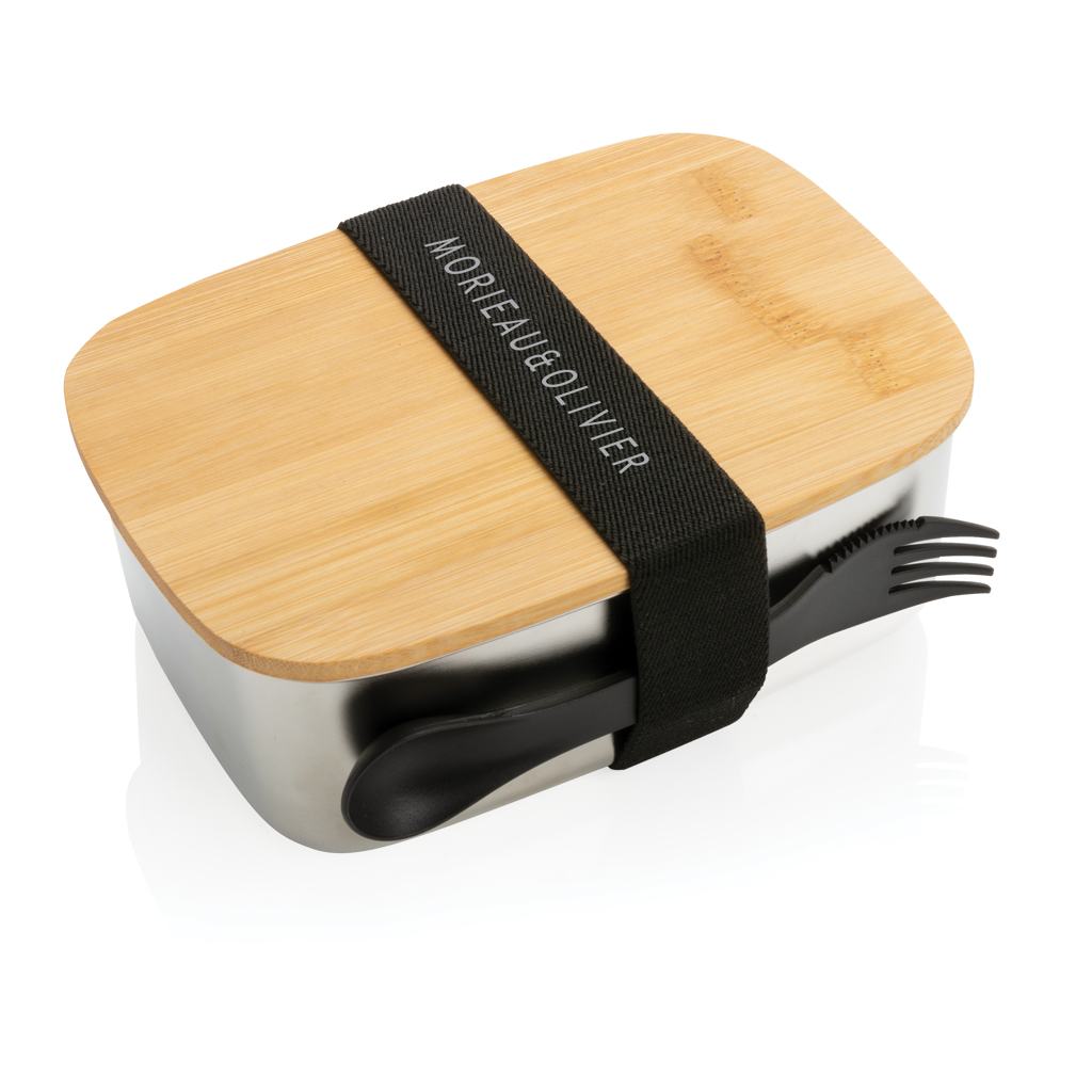 XD Collection Edelstahl-Lunchbox mit Bambus-Deckel und Göffel, 0,9 l – bedruckbar XD Collection Edelstahl-Lunchbox mit Bambus-Deckel und Göffel, 0,9 l – bedruckbar